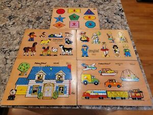 4 Fisher Price + 1 small world wooden puzzles Animals Occupations House Vehicles