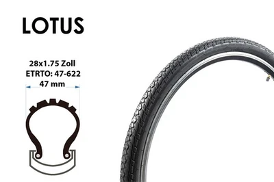 LOTUS 28 Zoll Fahrrad Reifen 28x1,75 City Trekking Bike Mantel Decke 47-622 Schwarz