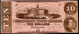 1862 CONFEDERATE STATES AMERICA CURRENCY $10 DOLLAR NOTE T-52 CRISP UNCIRCULATED - Picture 1 of 2
