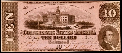 1862 CSA CONFEDERATE STATES AMERICA CURRENCY $10 TEN DOLLAR NOTE T-52 CRISP UNC - Image 1 of 2