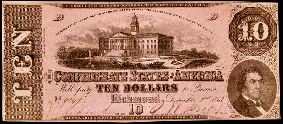 1862 CSA CONFEDERATE STATES AMERICA CURRENCY $10 TEN DOLLAR NOTE T-52 CRISP UNC - Image 1 of 2