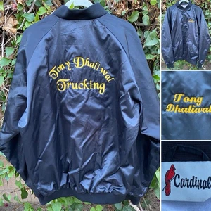 Vintage Cardinal Black Satin Bomber Jacket Tony Dhaliwal Trucking Size L Trucker - Picture 1 of 24