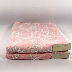 Laura Ashley 100% Cotton 2 Pcs Bows Towels White + Pink New - Picture 1 of 6