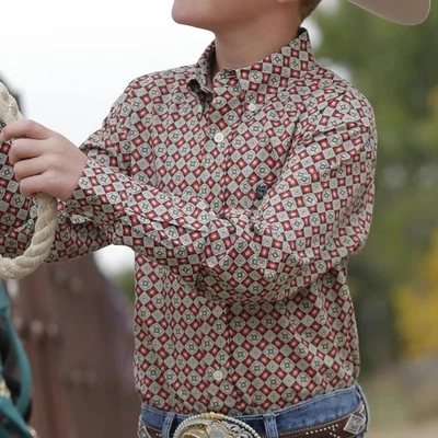Camisa Cinch masculina manga longa estampada ocidental botão cáqui/vermelha - Imagem 1 de 3