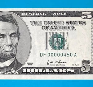 DE 00000450 A Low Serial Number 3 Digits (450) $5 Five Bill 2003 Series *AU* - Picture 1 of 6