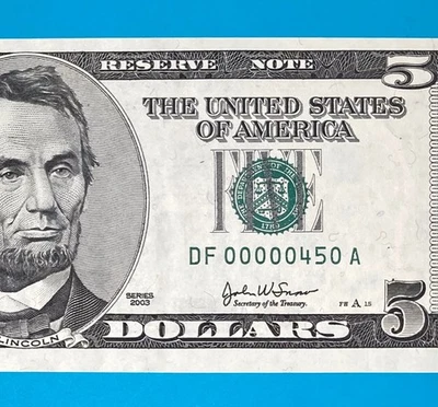 DE 00000450 A Low Serial Number 3 Digits (450) $5 Five Bill 2003 Series *AU* - Image 1 of 4