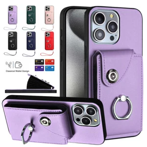 For iPhone 15 14 13 12 11 Pro Max Leather Wallet Case Card Ring Stand with Strap - Picture 1 of 57