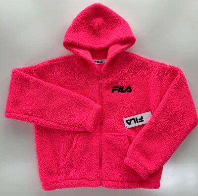 Fila 女式 Sway Sherpa 拉链连帽夹克 SW039692 热粉色 L — 第 1/4 张图片