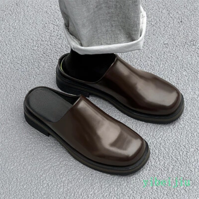 Men's Half Slippers Leather Slides Round Toe Shoes Casual Comfort Mules Vintage - Image 1 of 4