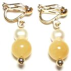 Genuine White Pearl & Yellow Jade Clip On Earrings in 925 Silver or Gold Plated