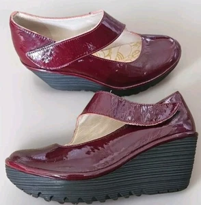 FLY London YASI682FLY Wedge Pump Mary Jane Burgundy Patent Leather Size 37 6-6.5 - Picture 1 of 6