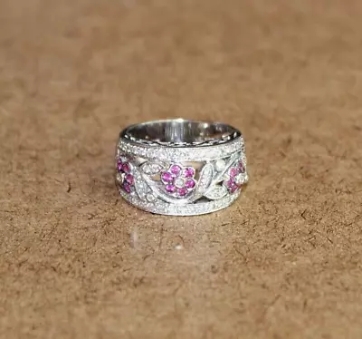 LeVian 18k White Gold Diamond & Rhodolite Flower Wide Band Ring Size 7 [093WEI] - Image 1 of 4