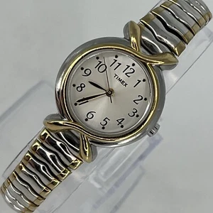 Timex Watch Women's Gold Silver Two Tone Round Stretch Band NEW BATTERY RUNS - Picture 1 of 10