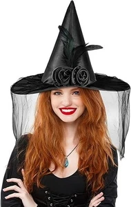 Halloween Frauen Hexenhut für Frauen Erwachsene böse einseitige Schleier (halber Schleier) - Bild 1 von 6