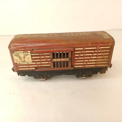 Marx Union Pacific 59 Cattle Stock Car Brown Tin O Scale 4 Wheel Tab & Slot - Image 1 of 4