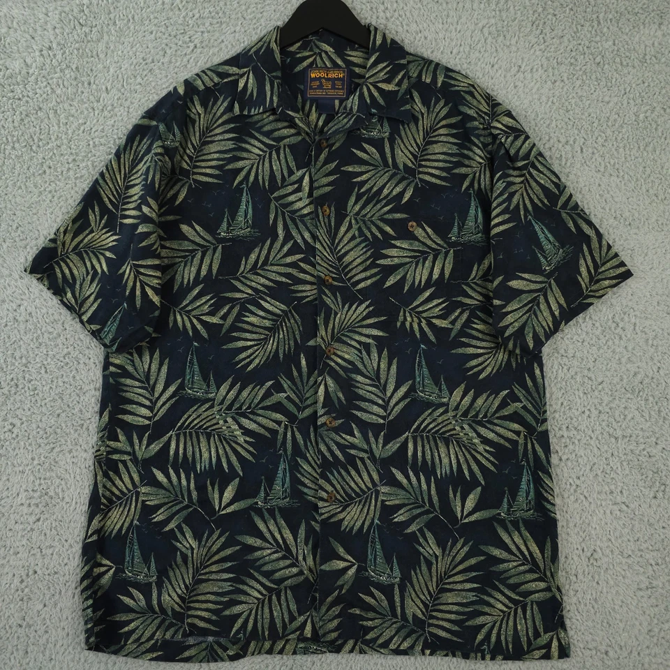 Camisa Woolrich De Colección Para Hombres L Azul Verde Hoja Velero Abotonada Cuello Lazo Campamento Foto 1 de 4