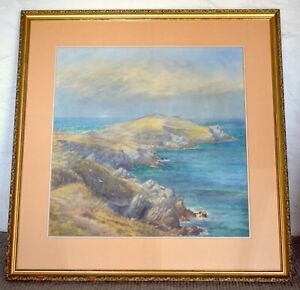 Newquay Cornwall Large Vintage Watercolour Painting, Cornish Seascape, Framed