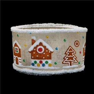 Wire Edge Christmas Canvas Ribbon 62mm wide Gingerbread House Fur Edge per metre - Picture 1 of 3