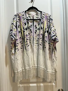 Victoria’s Secret White Print Fringe Open Kimono Swim Pool Cover Up Medium Large - Picture 1 of 6