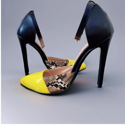 Sandalias de tacón alto amarillas negras con correa para mujer 37/ EE. UU. 6,5 Foto 1 de 4