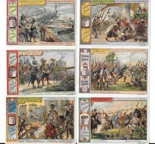 6x LIEBIG TRADE CARDS, PROPELLED WEAPONS THROUGH THE AGES 1901 (S657 French).