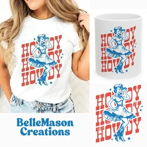 Western Patriotic Retro Cowgirl HOWDY Graphic Print Short Sleeve White T-Shirt - Picture 1 of 18