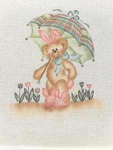 Needlepoint Canvas Teddy Bear with Pink Bunnies Unidentified Designer 123G - Picture 1 of 6