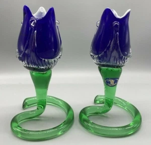 Uni Crystal Art Glass Blue Flower Candle Holders Czech Republic Bohemia - Picture 1 of 12