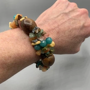 Brazalete Voluminoso Estilo Boho Banda Elástica Madera, Piedra Natural y Cuentas Acrílicas - Imagen 1 de 7