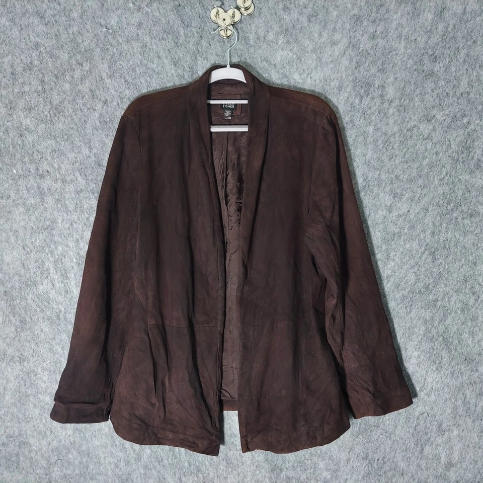 Chaqueta Eileen Fisher 100% Gamuza Cabra M Marrón Frente Abierto Blazer Forrado Occidental Foto 1 de 4