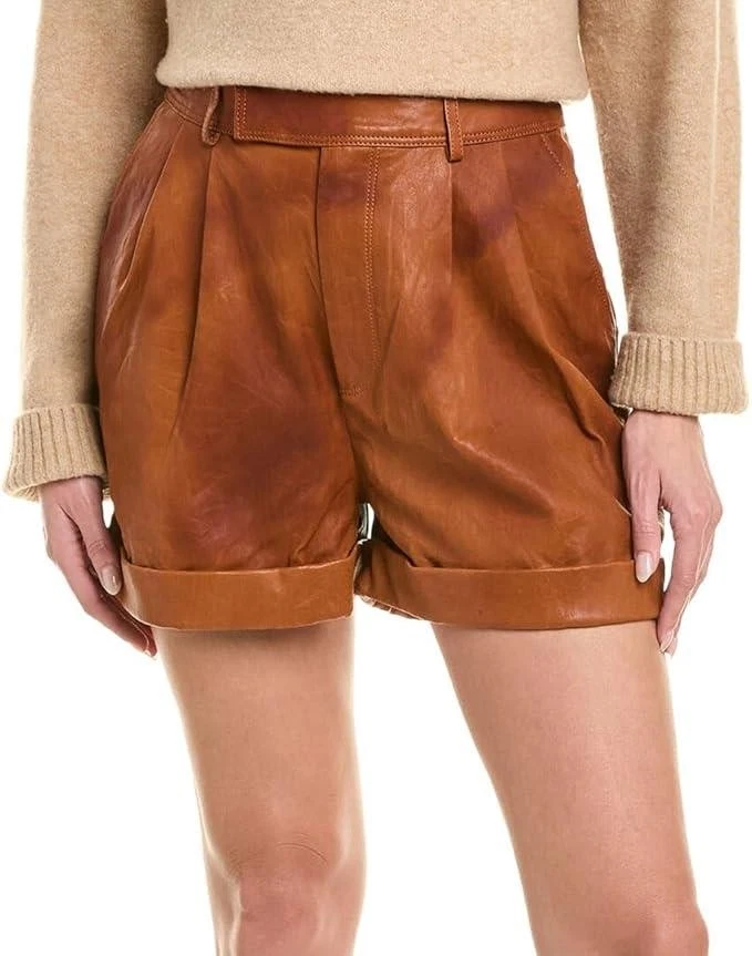 $578 - Pantalones cortos de cuero con puño ancho con marco en whisky claro talla 4 Foto 1 de 4