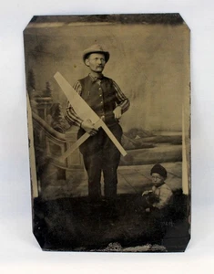 💥Antique Tintype Photograph CARPENTER Man & Child Occupational SAW Square💥 - Picture 1 of 4