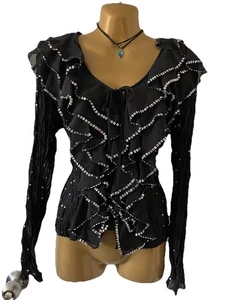 VTG 90s Y2K Kaelyn Max Black Silver Sequined Ruffle Blouse M Dark Romantic Fairy - Picture 1 of 11