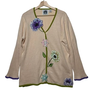 Vintage Storybook Knits Poppy Fancy Sequin Beaded Floral Knit Cardigan 90s 1X - Picture 1 of 12