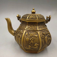 Chinese Old Brass Handmade Lotus Swan Teapot Flagon Home Decoration Statue 2032