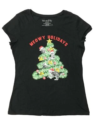 Womens (Juniors) Black Meowy Christmas Kitty Cat Holiday T-Shirt Shirt - Image 1 of 2