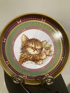 Vintage Round Cat Kitten Sleeping, Butterflies, Tray, Serving Tin Tray 1993 - Picture 1 of 8