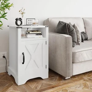 Farmhouse Nightstand With Charging Station Wooden Rustic End Table For Bedroom L - Picture 1 of 9