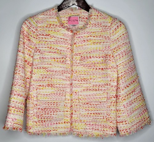 $598 Kate Spade New York donna 0 tweed BLAZER aperto davanti GIACCA foderata cappotto rosa