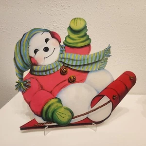 Vintage Weihnachten gestanzt Dennison USA Schneemann Schlitten Dekoration 14 x 14" - Bild 1 von 9