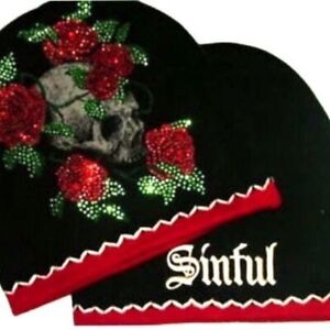 SINFUL AFFLICTION KNIT ROSE STAREDOWN BEANIE EMBELLISHED  *NWOT* 
