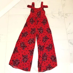 Free People Women Red Floral Jumpsuit size 4 Cold Shoulder Wide Leg - Picture 1 of 9