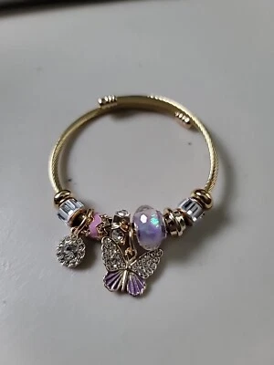 Pulsera mariposa cuentas deslizantes europeas oro acero inoxidable púrpura estilo diseñador Foto 1 de 4