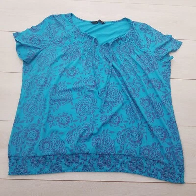 BM Casual Summer Top Blouse Size 22 Teal Blue Floral Stretch Cap Sleeve Holiday - Image 1 of 4