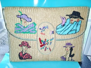 Vintage VALERIE Straw Woven Clutch Closure Made In Italy Painted Divas - Picture 1 of 5