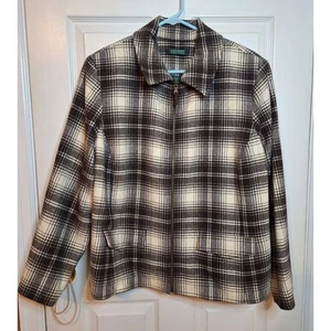 Lauren Ralph Lauren braun weiß kariert Wollmischung Sakko durchgehender Reißverschluss Jacke Gr. 16W - Bild 1 von 11