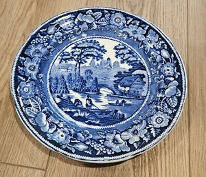 1800s George Jones Wild Rose 1784 England Flow Blue Scenic Plate - Picture 1 of 14