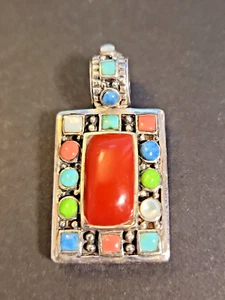 925 Sterling Silber bunter Multi Edelstein Rechteck Anhänger Vintage - Bild 1 von 8