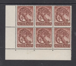 1961 8d Tiger Cat SG317 “RETOUCH OVER ANIMAL’S EAR” BW 358(II)p MUH corner block - Picture 1 of 3