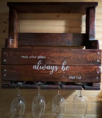 Hecho a mano ~Personalizado~ ¡4 botellas de vino de madera montadas en la pared y 4 colgadores de vidrio!  Foto 1 de 4